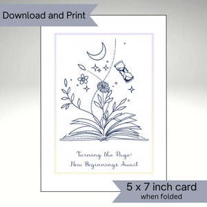 Pasando las páginas, Tarjeta de espera de nuevos comienzos, Tarjeta de graduación, Tarjeta de próximo capítulo, Nuevo trabajo, Descarga digital, Tarjeta imprimible, Libro abierto