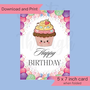 Cupcake lunatique et ballons en téléchargement numérique, carte d'anniversaire, téléchargement immédiat, carte d'anniversaire pour enfant, carte pour elle, carte pour lui