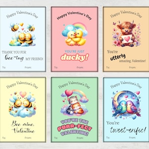 Schattige downloadbare Valentijnsdagkaarten voor kinderen: set van 6 ontwerpen