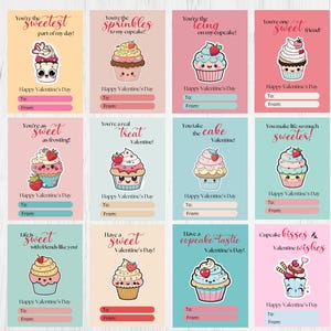 12 Cartões de Dia dos Namorados para Imprimir, Design de Cupcake Fofo, Download Digital, Cartões de Dia dos Namorados para Crianças