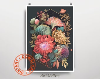 Original Ai Art - Botanique - Géométrique 12 - Airt | Imprimable | Affiche | Numérique | Téléchargement instantané | Art mural | Décoration d'intérieur | Bohème |