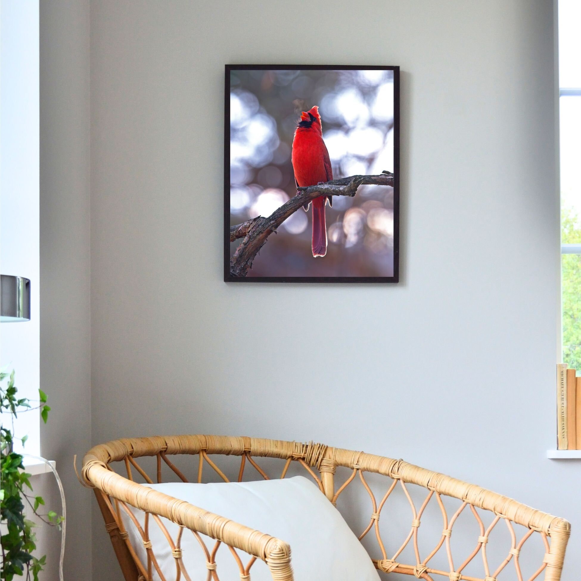 Red Cardinal Singing With Misty Breath Print, Red Bird Art