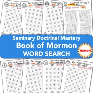 Op de afbeelding: Een set afdrukbare woordzoekpuzzels over het Boek van Mormon. De puzzels zijn gelabeld met het boek en hoofdstuk van het Boek van Mormon. De puzzels zijn van gemiddelde moeilijkheidsgraad. De titel van de puzzels is "Seminary Doctrinal Mastery Book of Mormon Word Search".