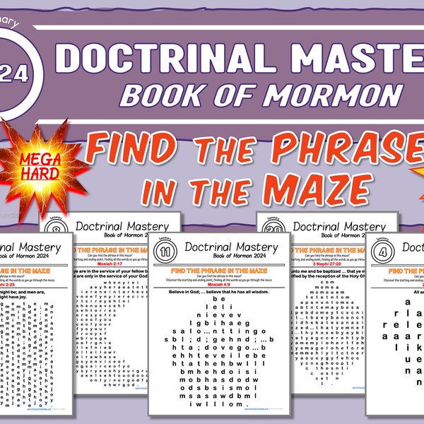 Laberintos MEGA-DUROS 24 Página completa 2024 Dominio de la doctrina Libro de Mormón Imprimible Aprenda pasajes Frases claves de las Escrituras Actividad divertida del Seminario SUD