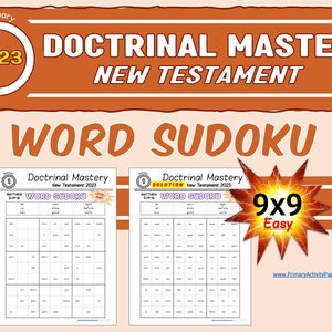 Op de afbeelding: Een printbare 9x9 woord-Sudoku puzzel met oplossingen, gebaseerd op het curriculum van Doctrinal Mastery New Testament 2023. De puzzel is gemarkeerd als "Easy".