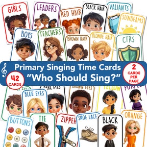 Tiempo de canto de la primaria SUD "¿Quién debería cantar?" 2 tarjetas por página, actividad imprimible, ayuda de Music Leader, descarga digital, diseños coloridos, PDF