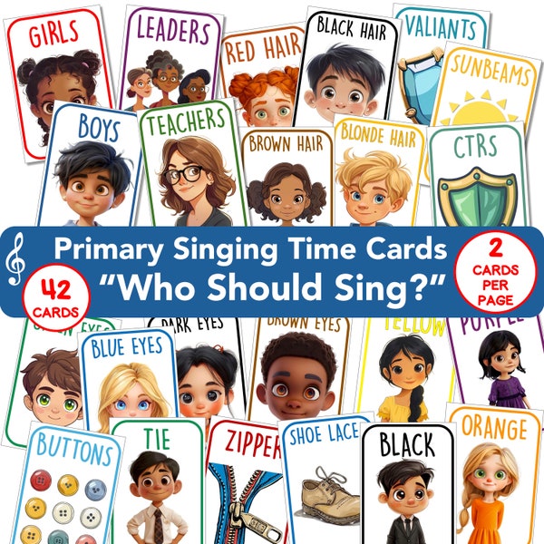 LDS Primäre Singzeit „Wer sollte singen?“ 2 Karten pro Seite, printable Aktivität, Musik-Führer Hilfe, digitaler Download, bunte Designs, PDF