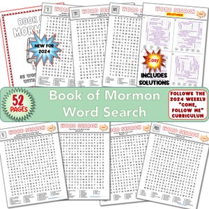 Op de afbeelding: Een groene en witte geïllustreerde boekomslag met de titel "Book of Mormon Word Search". De omslag toont een ster met het nummer 52 en de woorden "52 Pagina's". Het boek wordt beschreven als "Nieuw voor 2024" en bevat "Makkelijke" woordzoekers met oplossingen. Het boek volgt het curriculum "Kom, volg mij" van 2024.
