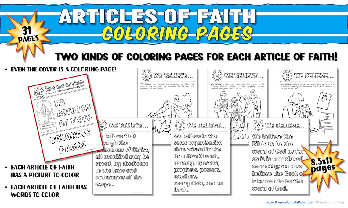 ARTICLES OF FAITH Coloring Pages 31 Full-size Pages Digital Memorize ...