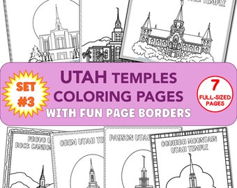 Set #3 LDS Utah Temples, WITH borders, 7 coloring pages, full-page hand-drawn illustrations, printable PDF, for all ages, digital download