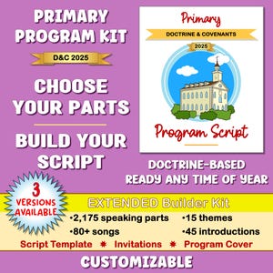May include: A purple and white program kit with the text "PRIMARY PROGRAM KIT" and "D&C 2025". The kit includes a program script, customizable templates, and invitations. It is doctrine-based and ready any time of year.