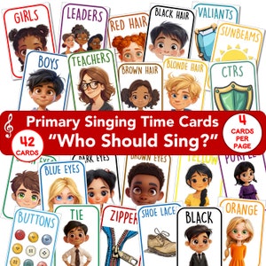 Tiempo de canto de la primaria SUD "¿Quién debería cantar?" 4 tarjetas por página, actividad imprimible, ayuda de Music Leader, descarga digital, diseños coloridos, PDF