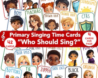 Tiempo de Canto de la Primaria SUD "¿Quién debe cantar?" 4 tarjetas por página, actividad imprimible, ayuda del líder musical, descarga digital, diseños coloridos, PDF
