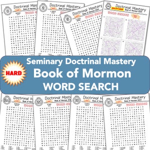 Op de afbeelding: Een set van 10 afdrukbare woordzoekpuzzels uit het Boek van Mormon, gemarkeerd met "Moeilijk". Elke puzzel bevat een ander boek uit het Boek van Mormon en een titelkaart met de woorden "Seminarium Doctrinale Meesterschap Boek van Mormon Woordzoek".
