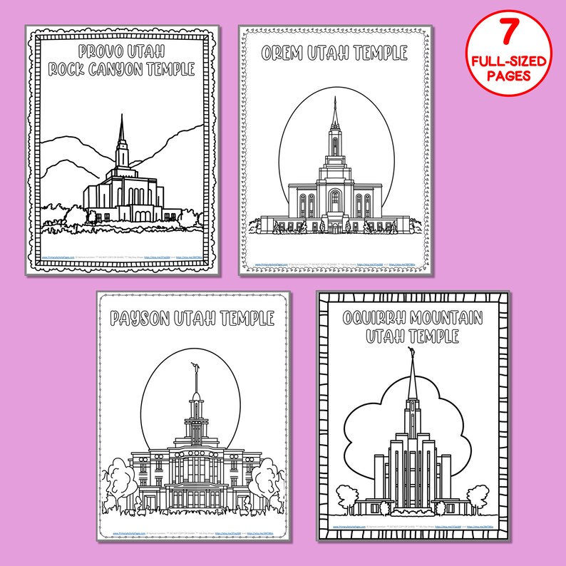 Set #3 LDS Utah Temples, WITH Borders, 7 Coloring Pages, Full-page Hand ...