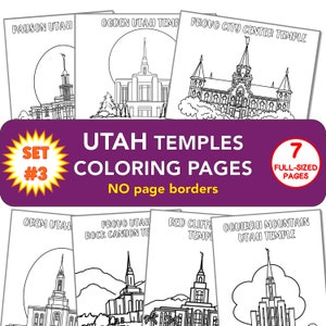 Puede incluir: Un conjunto de 7 páginas para colorear en blanco y negro que representan diferentes templos de Utah. El título del conjunto es "Utah Temples Coloring Pages" y el subtítulo es "Set #3". El texto "NO page borders" también está incluido. Las páginas para colorear son de tamaño completo.