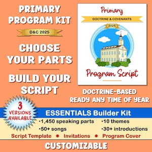 以下が含まれることがあります： オレンジ色の背景に、Primary Program Kitのテキスト。キットには、プログラムスクリプト、招待状、プログラムカバーが含まれています。画像には、建物のイラストと「Choose Your Parts」と「Build Your Script」のテキストも表示されています。