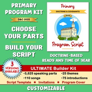 Op de afbeelding: Een groene achtergrond met tekst en afbeeldingen voor een Primary Program Kit. De kit bevat een programma script, aanpasbare sjablonen en diverse spreekonderdelen. De afbeelding toont een kerkillustratie en de tekst "D&C 2025".