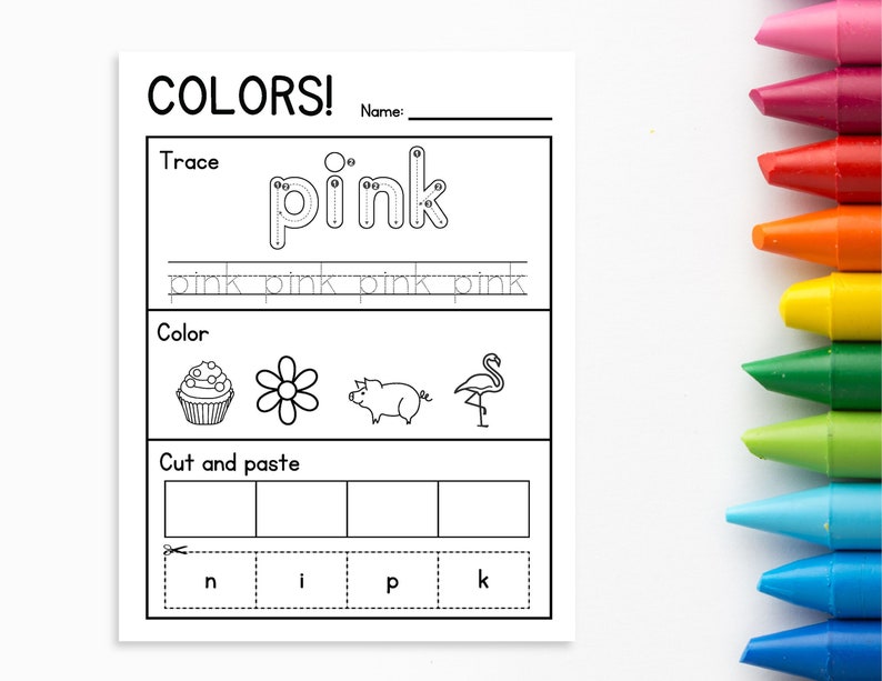 Kindergarten Color Worksheets | 9 Different Colors to Trace, Color, Cut ...