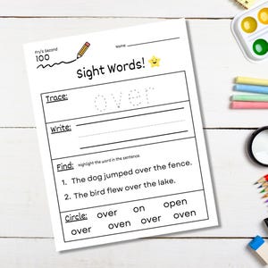 May include: A white worksheet with the text "Sight Words!" features tracing and writing exercises for the word "over." The worksheet includes sentences to find the word and a circle the word activity. A pencil and star graphic are included.