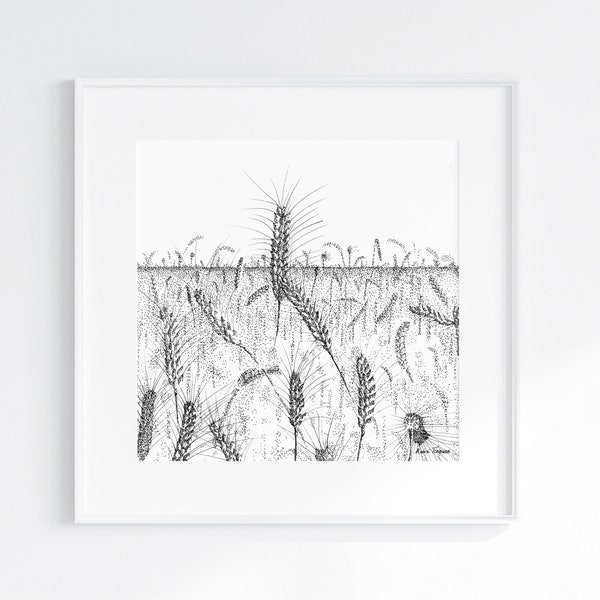 Champ de blé, Illustration, Encre - 15cm x 15cm, papier blanc 280g, Encre de chine, Rotring, Wheat Field, Paysage, Art