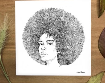 Portrait d'une femme, Illustration, Encre - 15cm x 15cm, papier blanc 280g, Encre de chine, Rotring, Afro, Portrait, Art