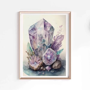 Dreamy Crystal Art, Watercolor Illustration, Printable Wall Decor, Instant Download, Boho Home Decoration