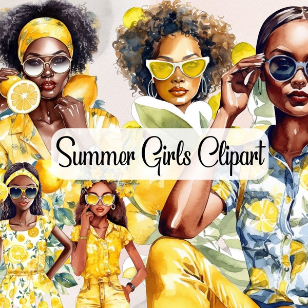 Black Girls Lemon Print Clipart Set, Dark Skin Fashion Illustrations, Summer Girls Watercolor Clipart, PNG, Free commercial license