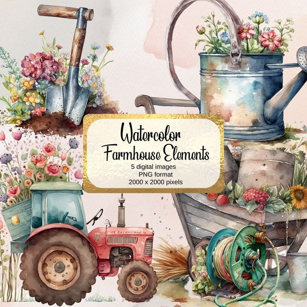 Rustic Charm: Spring Clipart, Farmhouse Scenes, Garden Delights & Floral Tractor Illustrations. Free commercial use