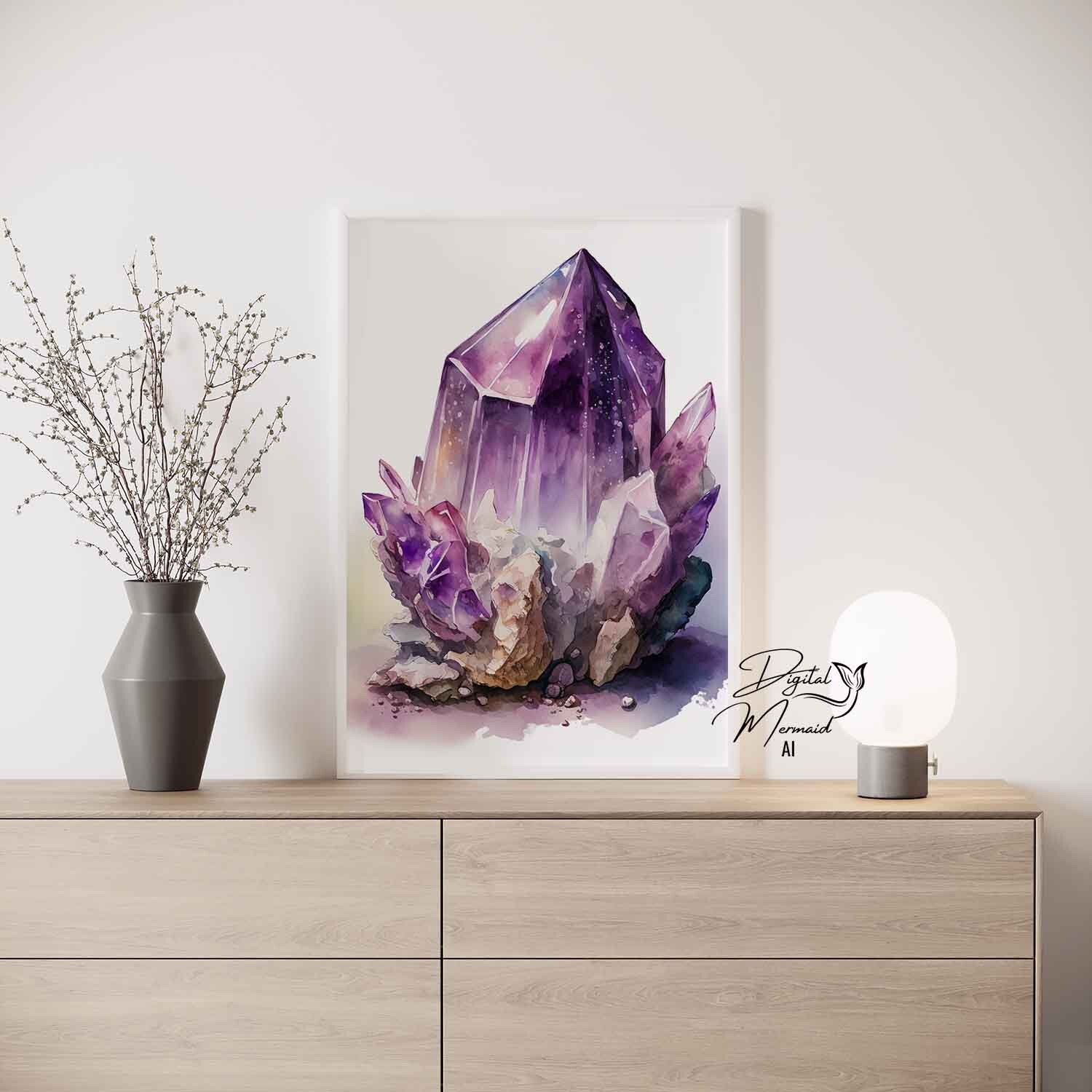 Amethyst Crystal Watercolor Printable Wall Art Crystal Poster, Crystal