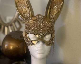 Sexy Bunny Mask Gold bunny mask, Halloween Costume, Rabbit costume, burning man mask, Carnival, Mardi Gras, Cosplay, sexy Halloween mask