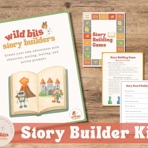 May include: A story builder kit with the text "Wild Bits Story Builders" and "Story Builder Kit". The kit includes an illustrated book, a game board, instructions, and a story board page. The illustrations feature a volcano, castle, and robot. The kit is on a wooden surface.