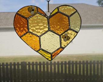 Stained Glass Honeycomb Heart with Resin Bees Suncatcher
