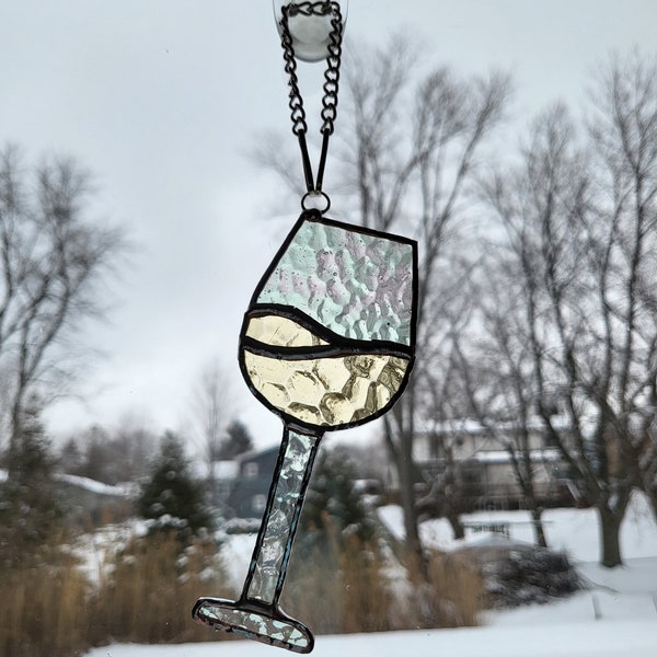 Stained glass White Wine glass Suncatcher handmade, window hanging