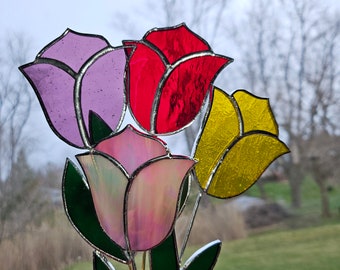 Stained Glass Tulip Stakes, indoor or outdoor suncatcher