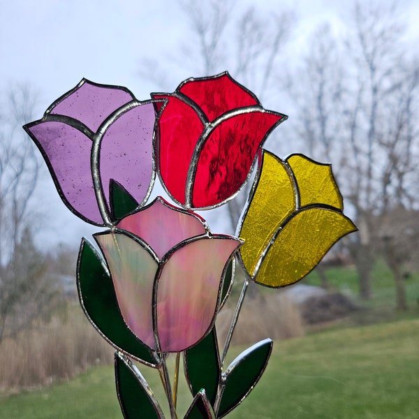 Stained Glass Tulip Stakes, indoor or outdoor suncatcher