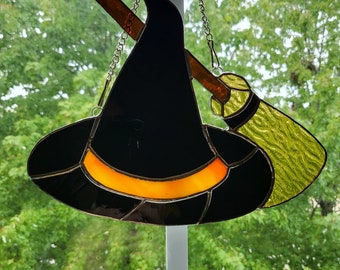 Handmade Stained Glass Witch Hat with Broom Suncatcher, Halloween, Fall decor