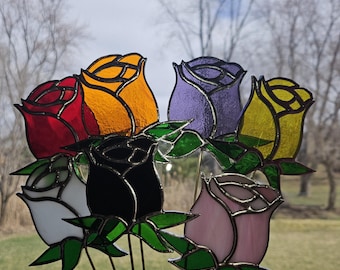 Stained Glass Rose Stake, indoor or outdoor suncatcher