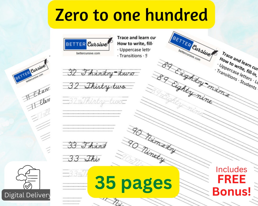 Cursive Writing Practice Numbers Zero to One Hundred. Great for