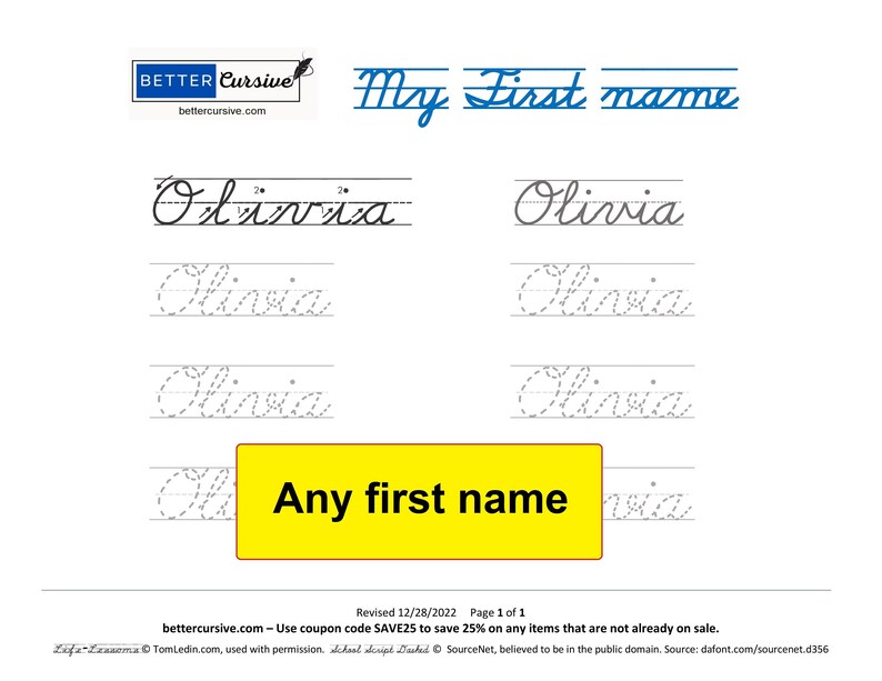 Cursive First Name Practice for Students and Seniors. Customized ...