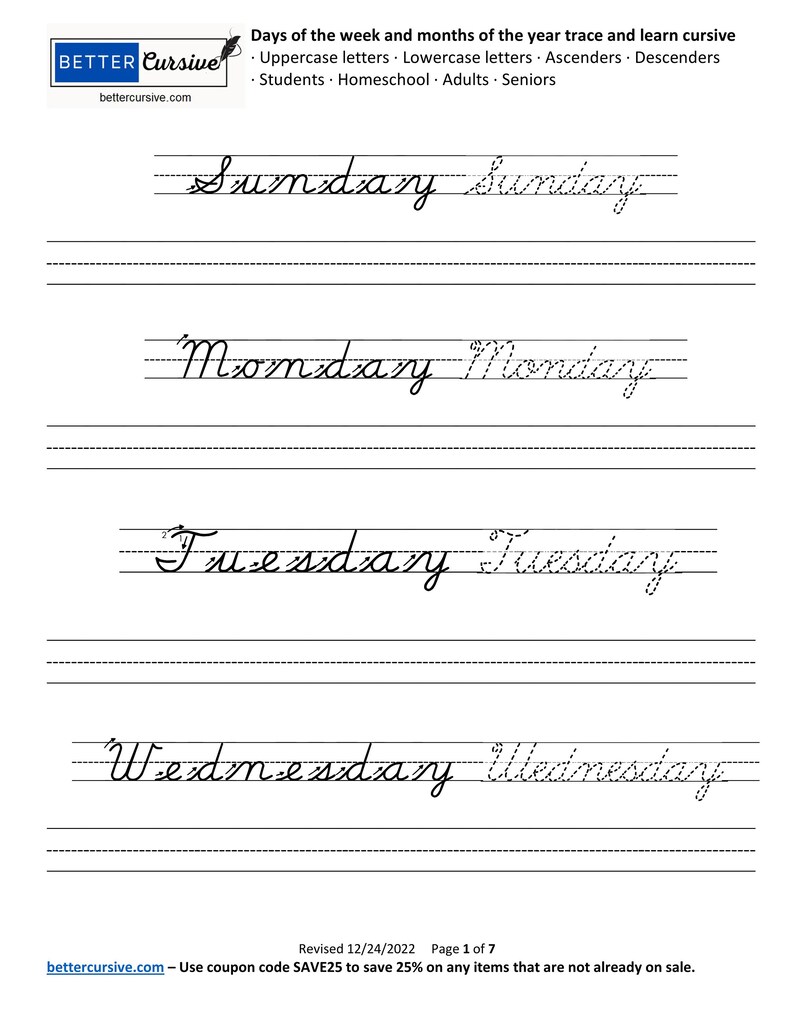 Cursive Writing Practice: Days of the Week and Months of the - Etsy