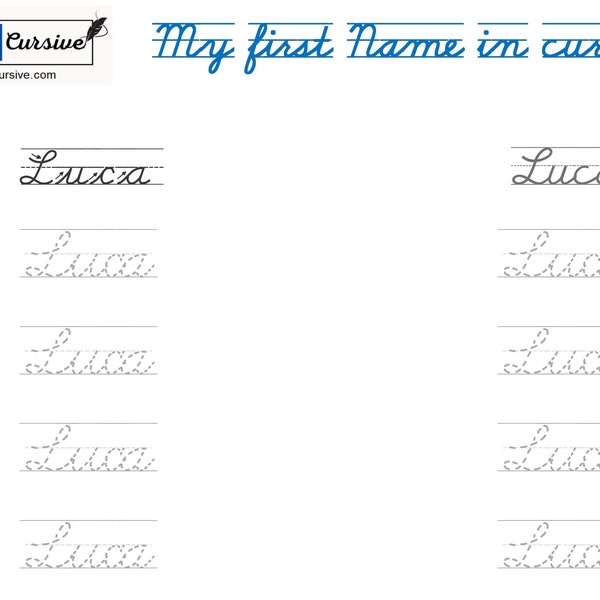 Luca cursive first name worksheet practice. Personalized gift. Instant Digital Delivery. Unlimited prints. FREE Bonus!