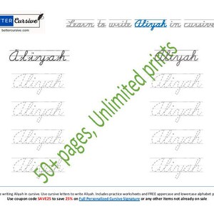 Aprenda a escribir Aliyah en cursiva. Practique la escritura de Aliyah usando letras del alfabeto cursivo. Más de 50 páginas Entrega inmediata Impresiones ilimitadas