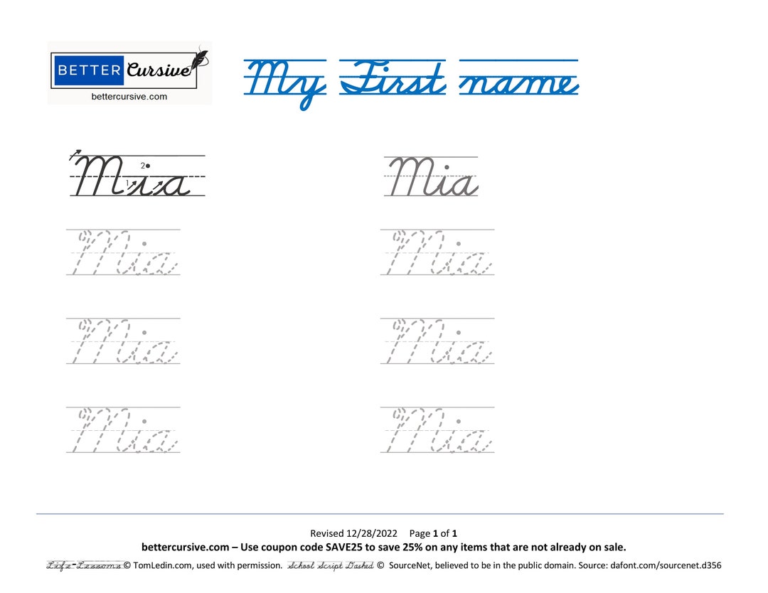 Personalized Gift for Mia. Customized Cursive First Name Worksheet