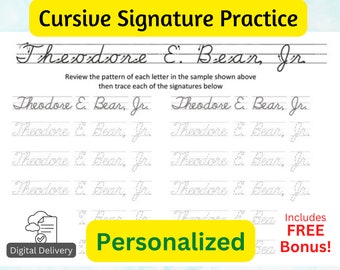 Personalized cursive signature writing sheets. Practice your cursive Legal Signature with confidence. Super-fast email delivery