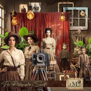 May include: A vintage-style photograph of a family with a large antique camera in the foreground. The family is dressed in period clothing and the camera is on a tripod. The image has a warm, nostalgic feel.
