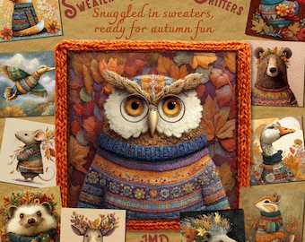 May include: A collection of watercolor illustrations featuring woodland creatures in cozy sweaters, surrounded by autumn leaves. The central image showcases a detailed owl wearing a blue and orange sweater. Text reads "Sweater Weather Critters, Snuggled in sweaters, ready for autumn fun."