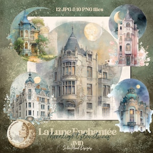 May include: Watercolor illustrations of European architecture, including buildings with domes, spires, and ornate details. The image features a crescent moon and full moon, with the text "La Lune Enchantée Moonlight structures" and "12 JPG & 10 PNG files".