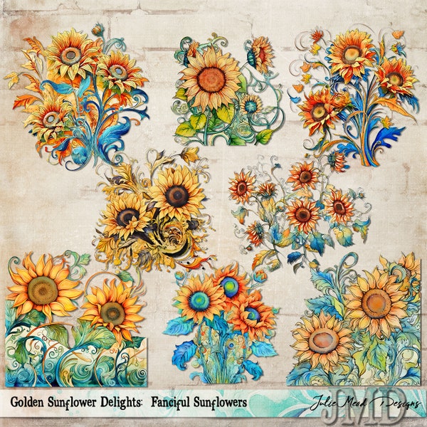 Golden Sunflower Delights Fanciful, Commercial Use, PNG and Printable Sheets, Digital Stickers, Junk Journal, Digital Scrapbooking