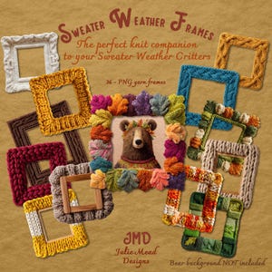 Puede incluir: Una colección de coloridos marcos de hilo tejido en varias formas y tamaños. Los marcos son en tonos de blanco, amarillo, marrón, rojo, azul y verde. El texto "SWEATER WEATHER FRAMES" y "36 - PNG yarn frames" es visible.